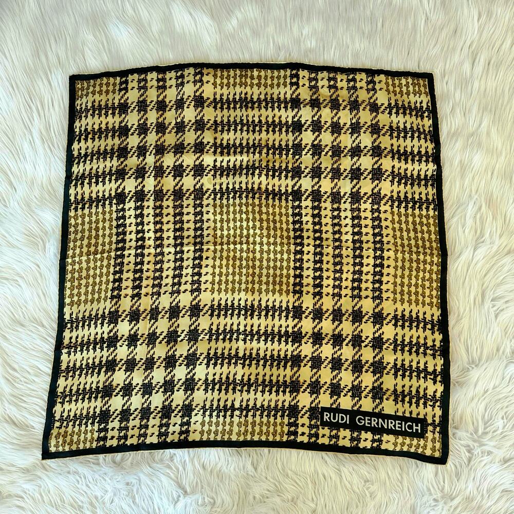 Rudi Gernreich Vintage 100% Silk Houndstooth Plaid Square Scarf Hand Rolled